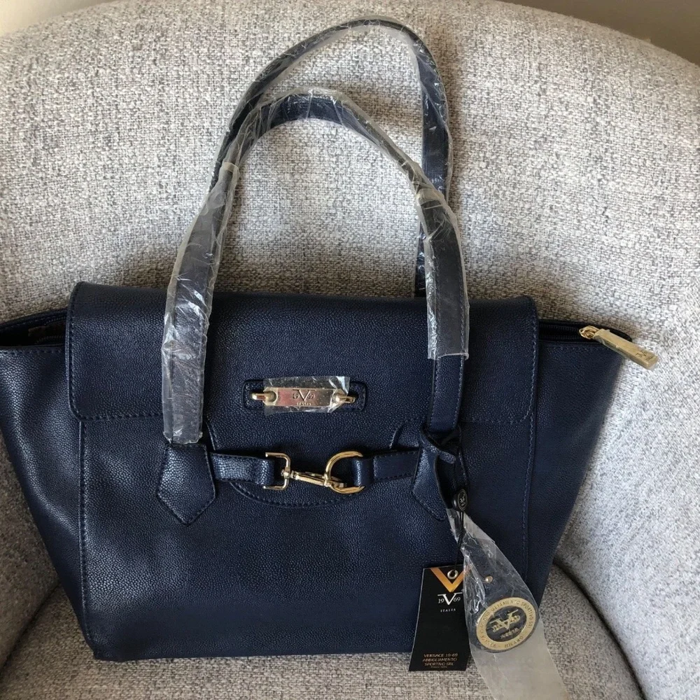 Versace 19v69 Italia Nicoletta Stingray Navy Blue Faux Leather Shoulder Tote Bag